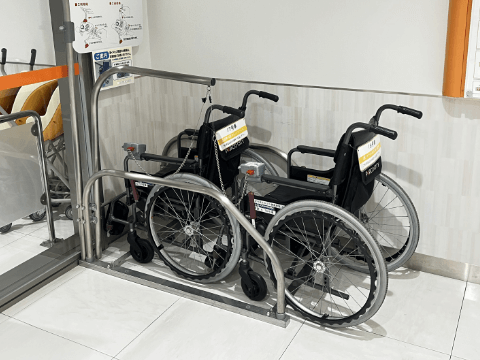 館內輪椅借用服務：走道旁可使用的輪椅